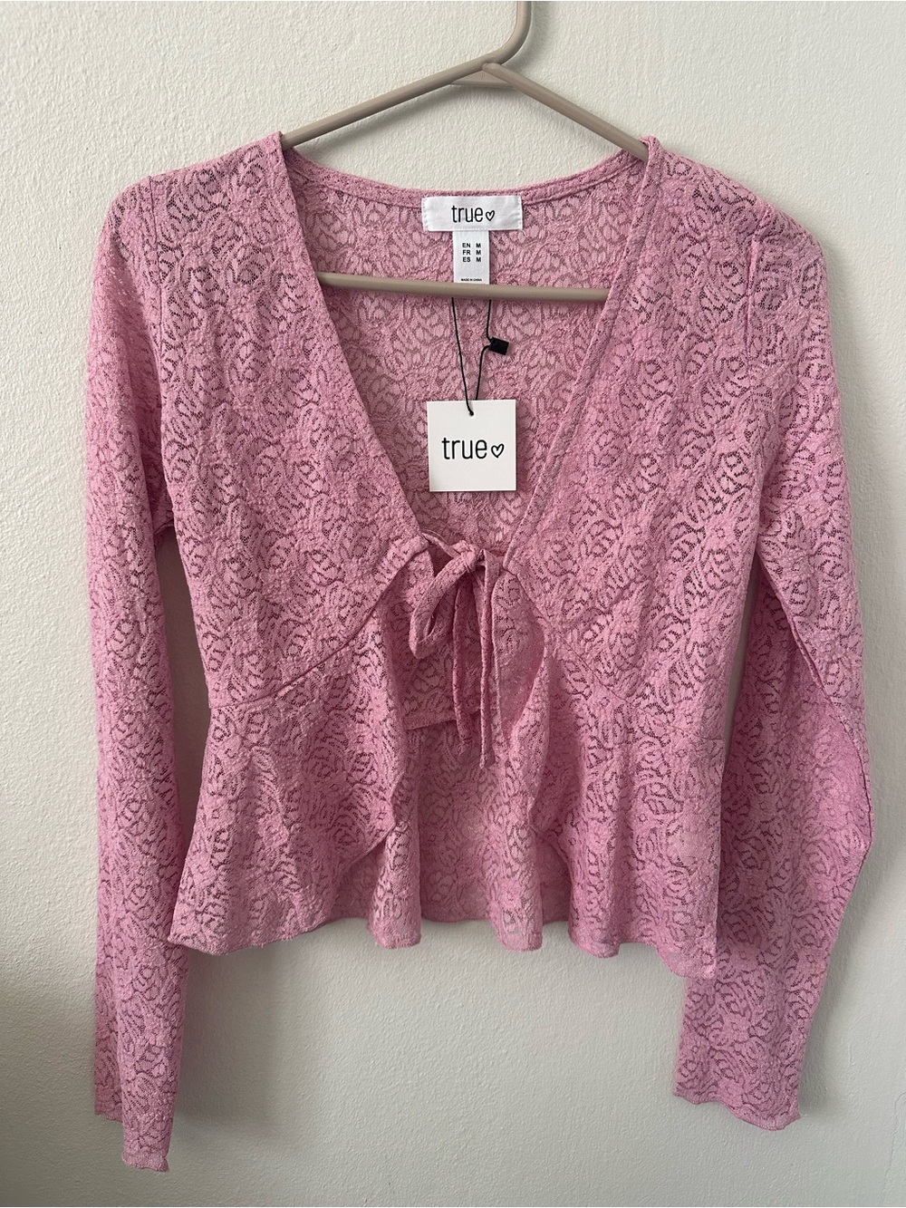 True Heart Pink Lace Tie-Front Peplum Blouse